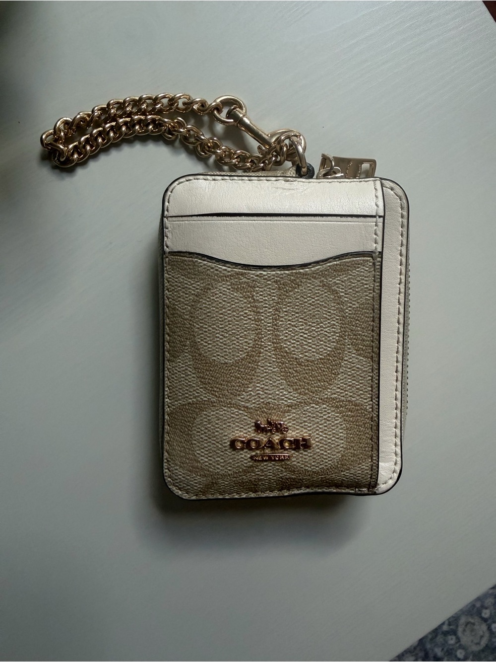 Coach Signature Canvas Card Holder with White Leather Trim and Gold Chain